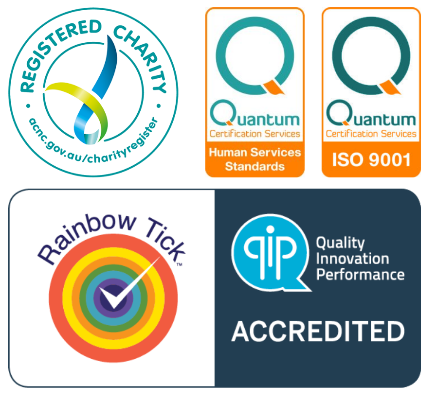 Bethany Group logos of registered Chatiry, Quantum Certification mark human services and ISO 9001 and QIP Rainbow Tick Accredited 