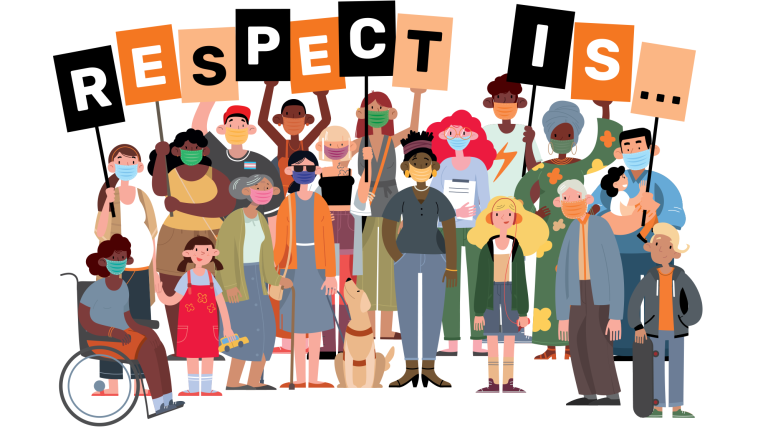 Illustration of a group of people of different ages, ethnicities, diversity, holding up a sign saying Respect is